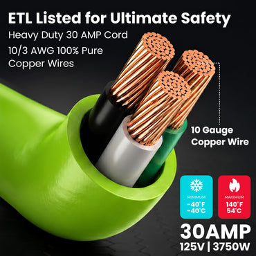 30-Amp Extension Cord for RV and Auto, 125-Volt, 3-Prong, 10/3 STW 10AWG Gauge 3 Wire, NEMA TT-30P to TT-30R, Outdoor, Waterproof, Outdoor Camper Power Cord