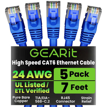 GEARit Cat6 Patch Cables Cat 6 Ethernet Cable 7 ft 5-Pack Blue