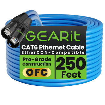 GEARit Shielded Cat6 EtherCON Cable – Locking RJ45 Ethernet for Pro Audio, Dante, DMX & Stage Lighting, Black or Blue, 3–300 ft