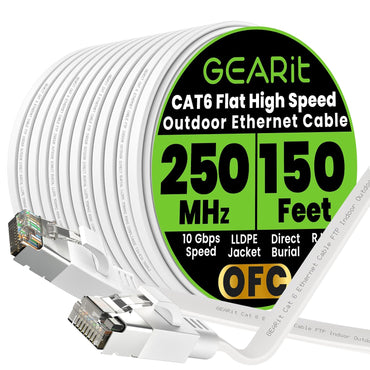 GEARit Cat6 Outdoor Flat Ethernet Cable – Direct Burial, Shielded OFC, UV-Resistant LLDPE, 15–200 ft, 3 Colors