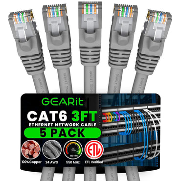 GEARit Cat6 Patch Cables 3ft 5 Pack Cat 6 Ethernet Cable Gray