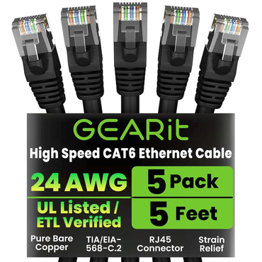 GEARit Cat6 Patch Cables Cat 6 Ethernet Cable 5 ft 5-Pack Black