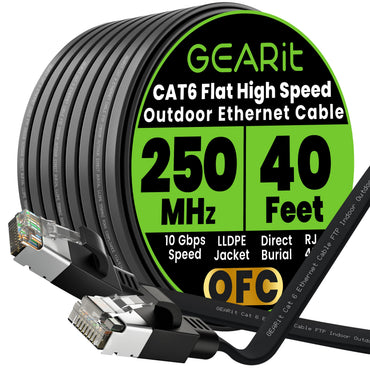 GEARit Cat6 Outdoor Flat Ethernet Cable – Direct Burial, Shielded OFC, UV-Resistant LLDPE, 15–200 ft, 3 Colors