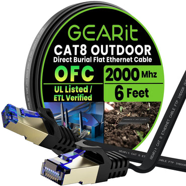 GEARit Cat8 Outdoor Flat Ethernet Cable 6ft Black