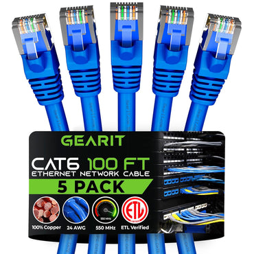 GEARit Cat6 Patch Cables Cat 6 Ethernet Cable 100 ft 5-Pack Blue