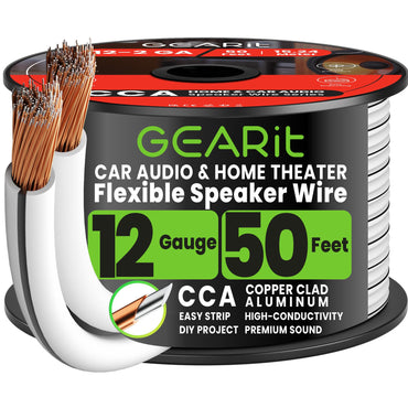 GEARit 12 Gauge Speaker Wire – 12/2 CCA Speaker Cable, 20–200 ft, Black, White & Translucent Colors