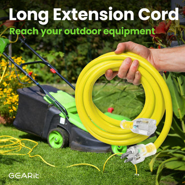 SJTW long extension cord reaches outdoor equipment like a lawn mower