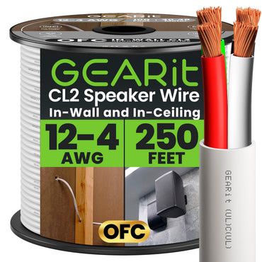 12 AWG In Wall Speaker Wire 4-Conductor Bi-Wire Cables - CL2 Rated - Oxygen Free Copper (OFC), White