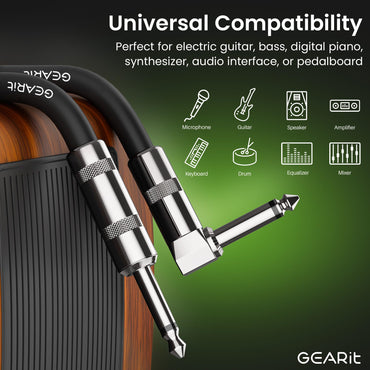 Right Angle to Straight 1/4 Inch Male to Male Guitar Instrument Cable, Black