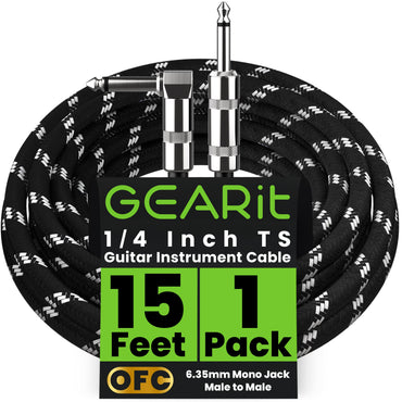 Right Angle to Straight 1/4 Inch Male to Male Guitar Instrument Cable, Black