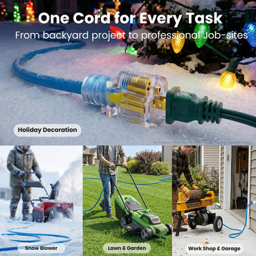 14/3 Outdoor Extension Cord 100 Feet - SJEOW - Extreme Weather Resistant - 14 Gauge 3 Prong, Blue