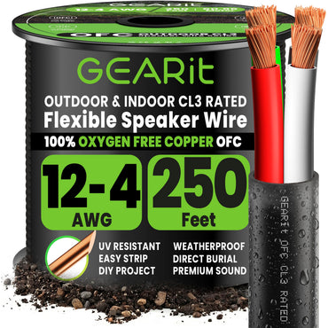 12 AWG Direct Burial Speaker Wire 4-Conductor Bi-Wire Cables - CL3 Rated - Oxygen Free Copper (OFC), Black