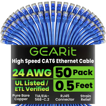GEARit Cat6 Ethernet Cable 50 Pack – Cat 6 Snagless RJ45 Patch Cables, 24AWG Pure Copper, 10Gbps Gigabit LAN, 0.5-3 ft, 5 Colors