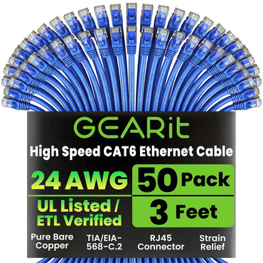 GEARit Cat6 Patch Cables 3ft 50 Pack Blue Cat 6 Ethernet Cable