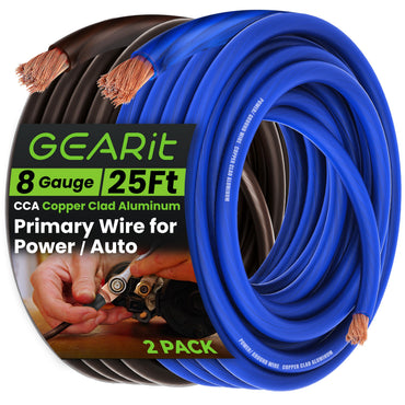 GEARit 8 Gauge CCA Wire – 8 AWG Copper Clad Aluminum Power & Ground Amp Battery Cable, Black / Red / Blue, 10–50 ft, Single or Pair