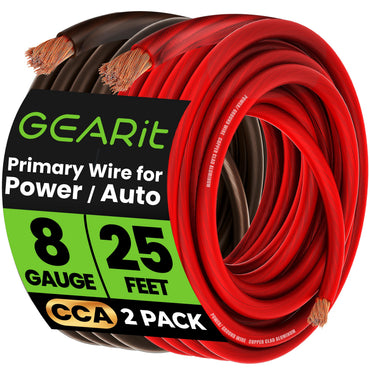 GEARit 8 Gauge CCA Wire – 8 AWG Copper Clad Aluminum Power & Ground Amp Battery Cable, Black / Red / Blue, 10–50 ft, Single or Pair
