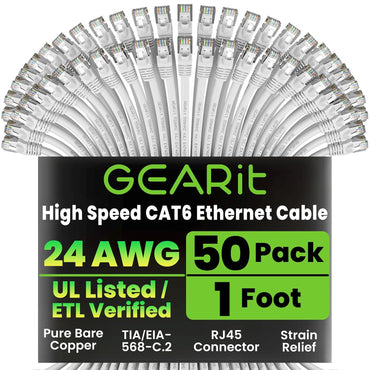 GEARit Cat6 Patch Cables Cat 6 Ethernet Cable 1 ft 50-Pack White