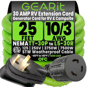 30 Amp 10/3 AWG NEMA TT-30P to L5-30R STW Generator Power Cord