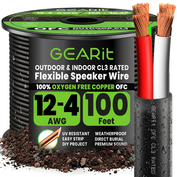 12 AWG Direct Burial Speaker Wire 4-Conductor Bi-Wire Cables - CL3 Rated - Oxygen Free Copper (OFC), Black