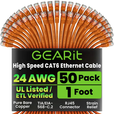 GEARit Cat6 Ethernet Cable 50 Pack – Cat 6 Snagless RJ45 Patch Cables, 24AWG Pure Copper, 10Gbps Gigabit LAN, 0.5-3 ft, 5 Colors