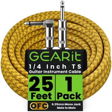 Right Angle to Straight 1/4 Inch Male to Male Guitar Instrument Cable, Yellow