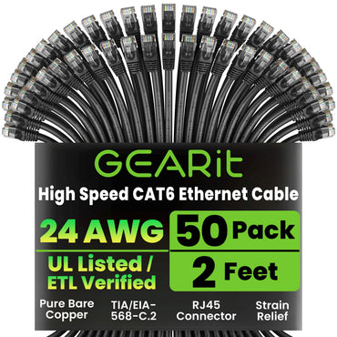 GEARit Cat6 Ethernet Cable 50 Pack – Cat 6 Snagless RJ45 Patch Cables, 24AWG Pure Copper, 10Gbps Gigabit LAN, 0.5-3 ft, 5 Colors