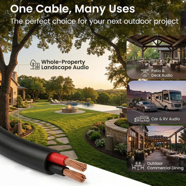 10 AWG Direct Burial Outdoor Speaker Wire - CL3 Rated - Oxygen Free Copper (OFC), Black