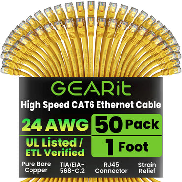 GEARit Cat6 Ethernet Cable 50 Pack – Cat 6 Snagless RJ45 Patch Cables, 24AWG Pure Copper, 10Gbps Gigabit LAN, 0.5-3 ft, 5 Colors