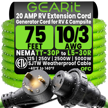 20 Amp NEMA TT-30P to L5-30R Power Extension Cord Adapter - Twist Locking STW 10AWG 3C