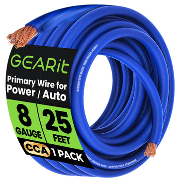 GEARit 8 Gauge CCA Wire – 8 AWG Copper Clad Aluminum Power & Ground Amp Battery Cable, Black / Red / Blue, 10–50 ft, Single or Pair