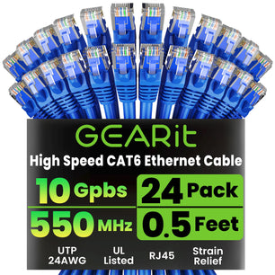 GEARit Cat6 Ethernet Cable 24 Pack – Cat 6 Snagless RJ45 Patch Cables, 24AWG Pure Copper, 10Gbps Gigabit LAN, 0.5-25 ft, 8 Colors