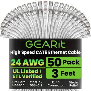 GEARit Cat6 Ethernet Cable 50 Pack – Cat 6 Snagless RJ45 Patch Cables, 24AWG Pure Copper, 10Gbps Gigabit LAN, 0.5-3 ft, 5 Colors
