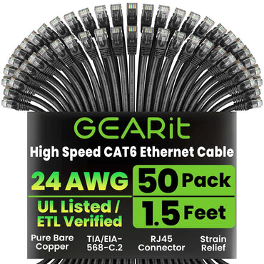 GEARit Cat6 Patch Cables Cat 6 Ethernet Cable 1.5 ft 50-Pack Black