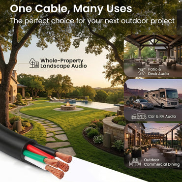 12 AWG Direct Burial Speaker Wire 4-Conductor Bi-Wire Cables - CL3 Rated - Oxygen Free Copper (OFC), Black