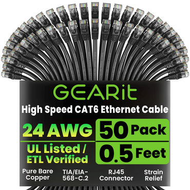 GEARit Cat6 Ethernet Cable 50 Pack – Cat 6 Snagless RJ45 Patch Cables, 24AWG Pure Copper, 10Gbps Gigabit LAN, 0.5-3 ft, 5 Colors