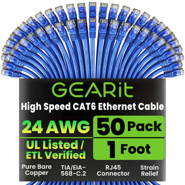 GEARit Cat6 Ethernet Cable 50 Pack – Cat 6 Snagless RJ45 Patch Cables, 24AWG Pure Copper, 10Gbps Gigabit LAN, 0.5-3 ft, 5 Colors
