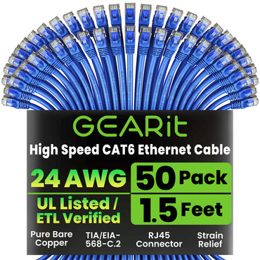 GEARit Cat6 Ethernet Cable 50 Pack – Cat 6 Snagless RJ45 Patch Cables, 24AWG Pure Copper, 10Gbps Gigabit LAN, 0.5-3 ft, 5 Colors