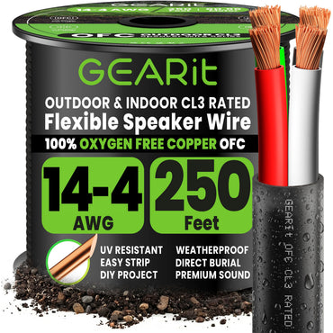 14 AWG Direct Burial Speaker Wire 4-Conductor Bi-Wire Cables - CL3 Rated - Oxygen Free Copper (OFC), Black