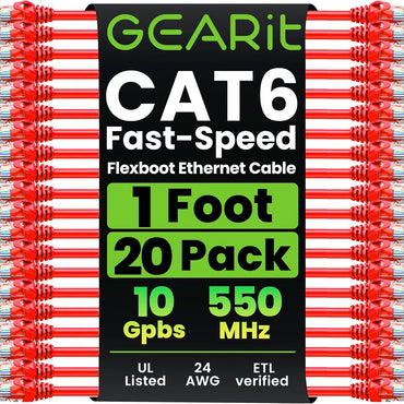 GEARit Cat6 patch cable red 1 ft 20-pack