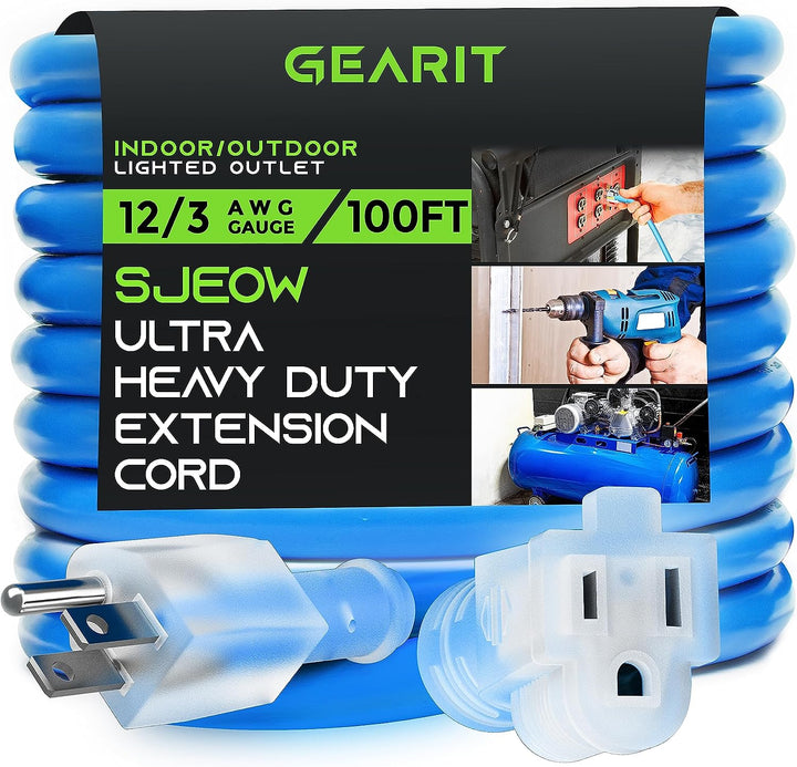GearIT 12/3 Outdoor Extension Cord 100 Feet - SJEOW - Extreme Weather Resistant - 12 Gauge 3 Prong, Blue GearIT
