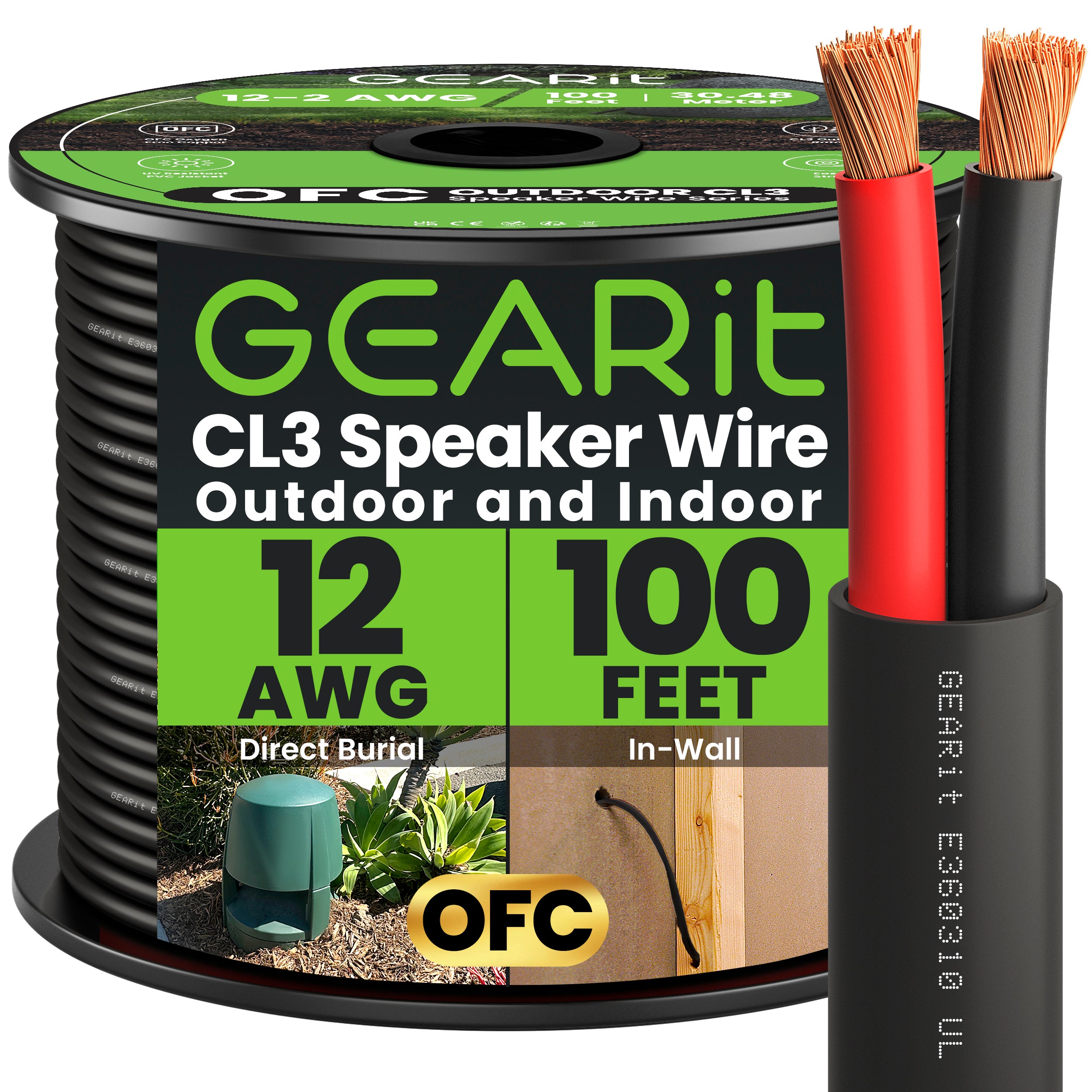 12 AWG OFC CL3 Outdoor Speaker Wire, Black - GEARit