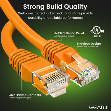 Cat6 Ethernet Patch Cable - Snagless RJ45, Stranded, 550Mhz, UTP, Pure Bare Copper Wire, 24AWG  - Orange