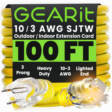 10/3 Outdoor Extension Cord 100 Feet - SJTW - Weather Resistant - 10 Gauge 3 Prong, Yellow