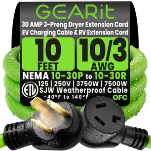 GEARit - 3-Prong Dryer/RV/EV Extension Cord - NEMA 10-30P to 10-30R, 125/250V, 10/3 AWG STW