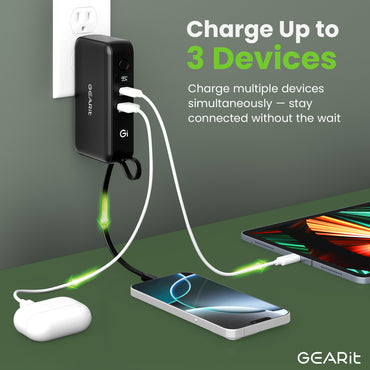 GEARit 3-in-1 65W GaN Charger, 10000mAh Power Bank with Built-in USB-C Cable