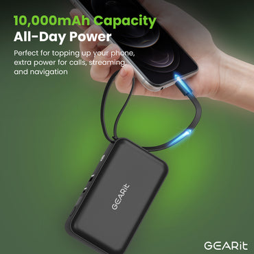 GEARit 3-in-1 65W GaN Charger, 10000mAh Power Bank with Built-in USB-C Cable