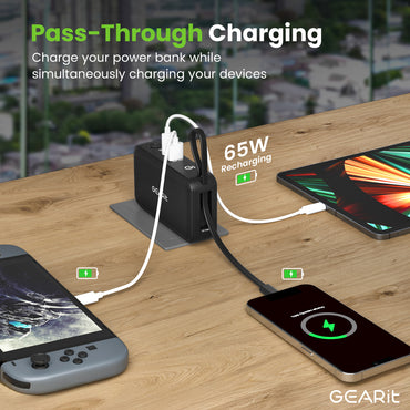 GEARit 3-in-1 65W GaN Charger, 10000mAh Power Bank with Built-in USB-C Cable