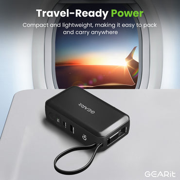 GEARit 3-in-1 65W GaN Charger, 10000mAh Power Bank with Built-in USB-C Cable