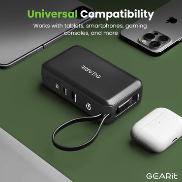 GEARit 3-in-1 65W GaN Charger, 10000mAh Power Bank with Built-in USB-C Cable