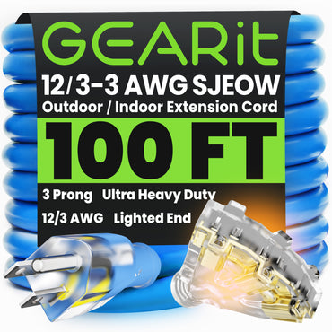 12/3 SJEOW Heavy Duty Outdoor Extension Cord 3 Outlet, 100 Feet